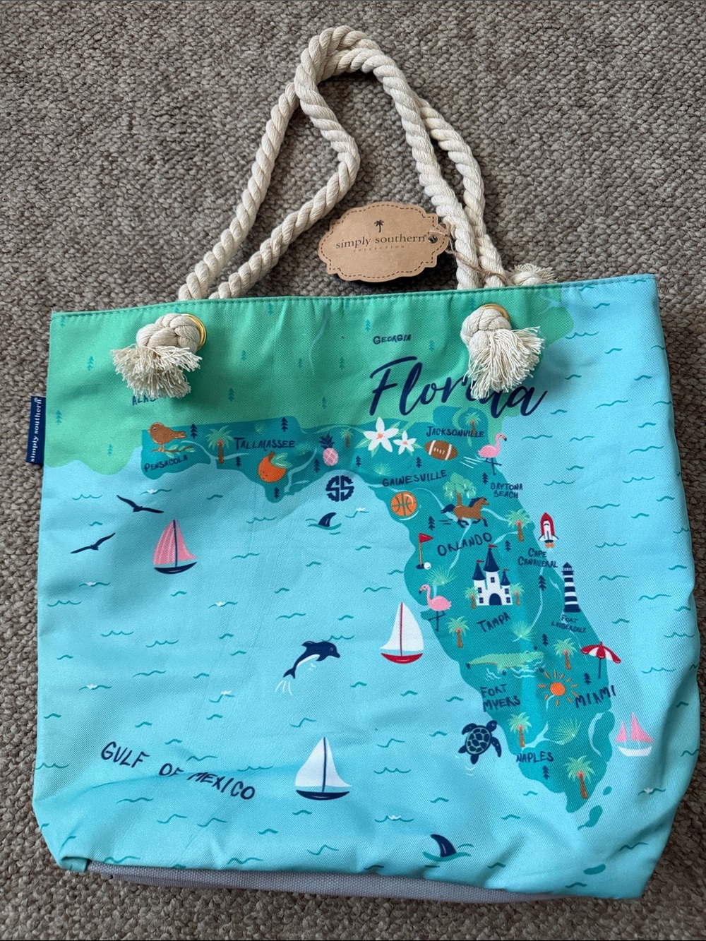 Simply Southern Florida Map Beach Tote - Teal & Mint